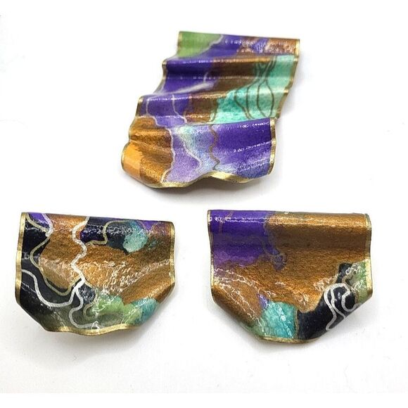 Artisan Made Signed Faux Stained Glass Demi Parure Earrings And Brooch - Picture 1 of 4